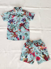 Ensemble chemise et short à imprimé oiseau turquoise unisexe pour enfant