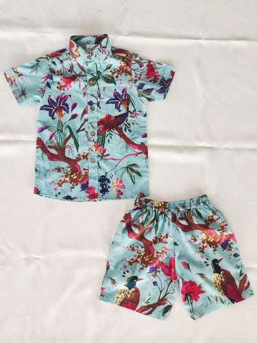 Unisex Kids' Turquoise Bird Print Shirt & Shorts Set