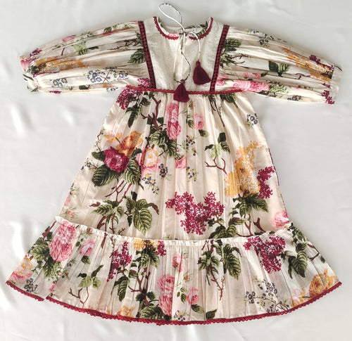 Beige Floral Dress with Lace Finish for Infants, Kids, and Women.