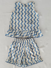 White and Blue Zigzag Print Frill Top & Shorts Set