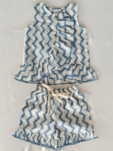 White and Blue Zigzag Print Frill Top & Shorts Set