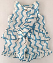 White and Blue Zigzag Print Frill Top & Shorts Set