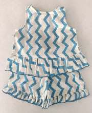 White and Blue Zigzag Print Frill Top & Shorts Set