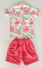 Unisex Kids' Red Floral Cotton Shirt with Matching Solid Red Shorts