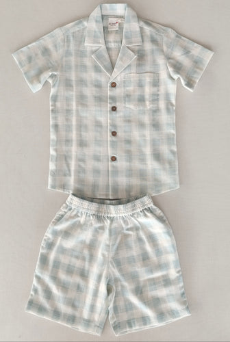 Kids' Unisex Blue Checks Cotton Shirt & Shorts Set with Wooden Buttons