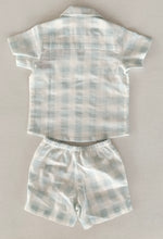 Set unisex da bambino con camicia e pantaloncini in cotone a quadri blu unisex con bottoni in legno