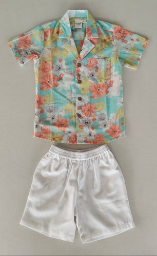 Unisex Kids' Turquoise Printed Cotton Shirt with Matching White Shorts