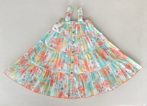 Turquoise Floral Printed Multi-Tiered Ruffle Dress