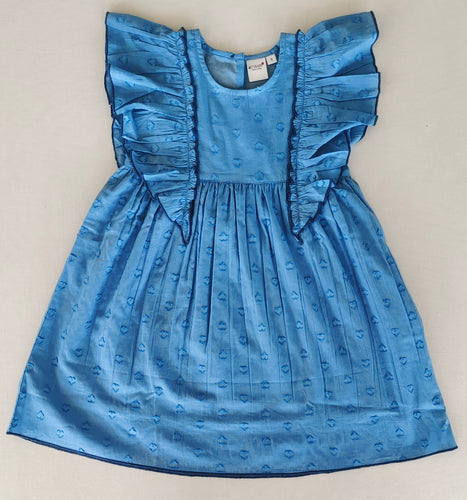 Blue Heart Dobby Kids' Dress with Cap Sleeves and Waist Gathers