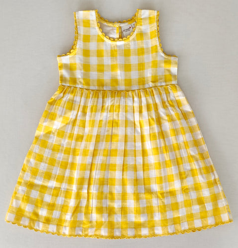Charming Yellow Checks Fit & Flare Dress with Lace Finish