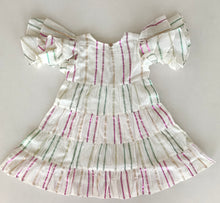 Charming White Layered Dress with Green & Pink Lurex Details & Cap Sleeves