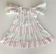 Charming White Layered Dress with Green & Pink Lurex Details & Cap Sleeves