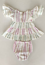 Charming White Layered Dress with Green & Pink Lurex Details & Cap Sleeves