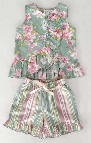 Charming Green Floral Ruffle Top & Stripe Shorts Set for Kids & Infants