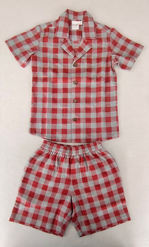 Unisex Red Checks Cotton Shirt & Shorts Set