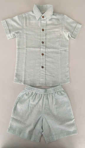 Unisex Kids' Blue Stripe Cotton Shirt & Shorts Set
