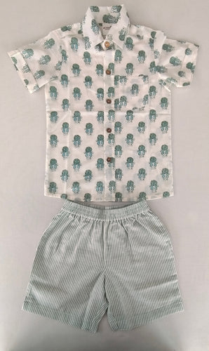 Unisex Kids' Sage Booty Print Cotton Shirt & Stripe Shorts Set