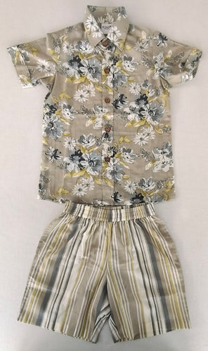 Unisex Kids' Brown Floral Print Cotton Shirt & Striped Shorts Set