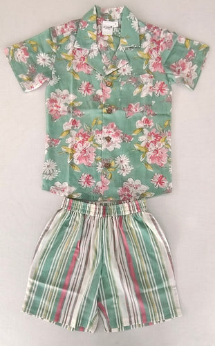 Unisex Kids' Green Floral Print Cotton Shirt & Striped Shorts Set