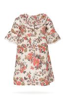 Beige Printed Fit & Flare Dress with Smocked Waist and Ruffle Details