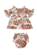 Beige Printed Fit & Flare Dress with Smocked Waist and Ruffle Details