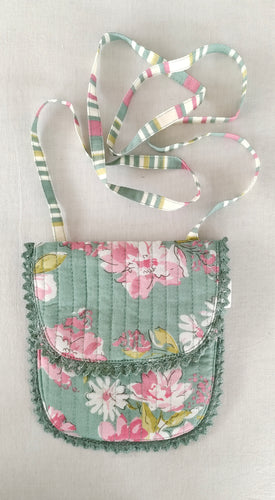 Green Floral & Stripe Kids' Small Tote Bag with Magnetic Closure and Lace Detailing
