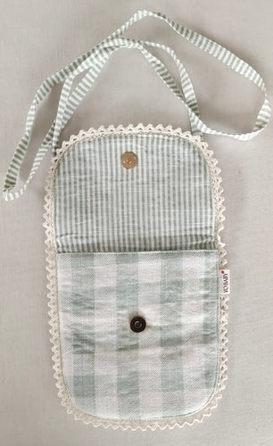 Sage Checks & Stripe Kids' Small Tote Bag with Magnetic Closure and Lace Detailing