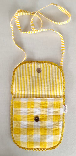 Yellow Checks & Stripe Kids' Small Tote Bag with Magnetic Closure and Lace Detailing