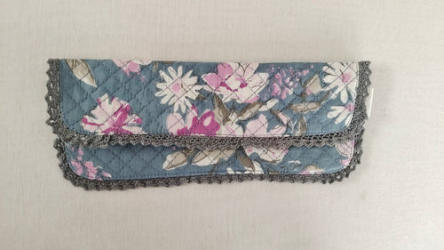 Kids' Cotton Grey Floral & Stripe Printed Pencil Pouch with Magnetic Closure and Lace Details