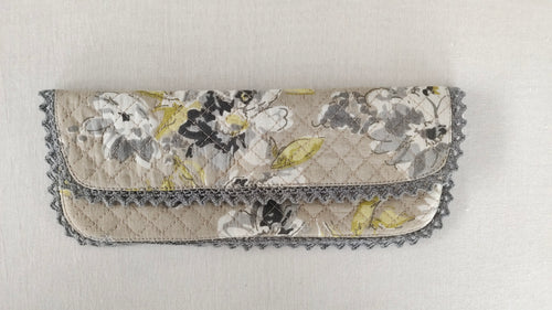 Kids' Cotton Brown Floral & Stripe Printed Pencil Pouch with Magnetic Closure and Lace Details