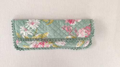 Kids' Cotton Green Floral & Stripe Printed Pencil Pouch with Magnetic Closure and Lace Details