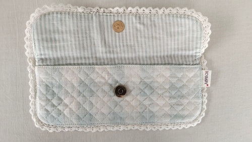 Kids' Cotton Blue Checks & Stripe Printed Pencil Pouch with Magnetic Closure and Lace Details.