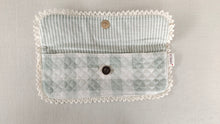 Kids' Cotton Sage Checks & Stripe Printed Pencil Pouch with Magnetic Closure and Lace Details.