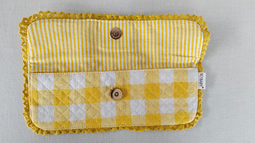 Kids' Cotton Yellow Checks & Stripe Printed Pencil Pouch with Magnetic Closure and Lace Details.