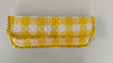 Kids' Cotton Yellow Checks & Stripe Printed Pencil Pouch with Magnetic Closure and Lace Details.