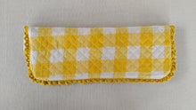 Kids' Cotton Yellow Checks & Stripe Printed Pencil Pouch with Magnetic Closure and Lace Details.