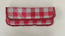 Kids' Cotton Red Checks & Stripe Printed Pencil Pouch with Magnetic Closure and Lace Details.