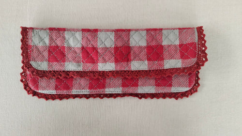 Kids' Cotton Red Checks & Stripe Printed Pencil Pouch with Magnetic Closure and Lace Details.