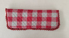 Kids' Cotton Red Checks & Stripe Printed Pencil Pouch with Magnetic Closure and Lace Details.