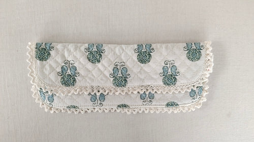 Kids' Cotton Sage Booti & Stripe Printed Pencil Pouch with Magnetic Closure and Lace Details.