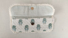 Kids' Cotton Sage Booti & Stripe Printed Pencil Pouch with Magnetic Closure and Lace Details.