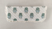 Kids' Cotton Sage Booti & Stripe Printed Pencil Pouch with Magnetic Closure and Lace Details.