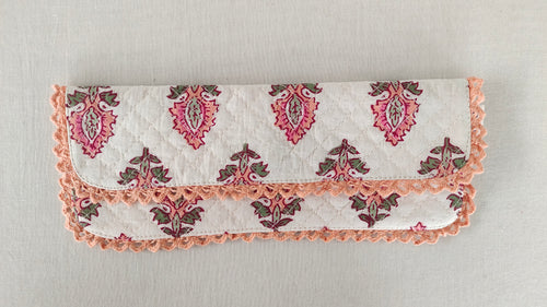 Kids' Cotton Coral Booti & Stripe Printed Pencil Pouch with Magnetic Closure and Lace Details. (Copy)