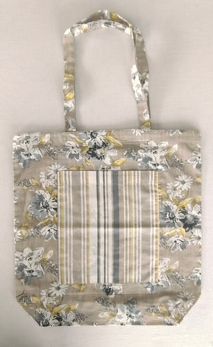 Reversible Brown Floral & stripe Tote Bag with Extra Front Pocket, Easy to Carry, Cotton Fabric