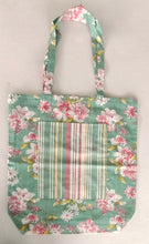 Reversible Green Floral & stripe Tote Bag with Extra Front Pocket, Easy to Carry, Cotton Fabric.