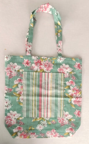 Reversible Green Floral & stripe Tote Bag with Extra Front Pocket, Easy to Carry, Cotton Fabric.