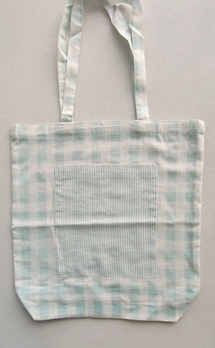 Reversible Blue Checks & stripe Tote Bag with Extra Front Pocket, Easy to Carry, Cotton Fabric.