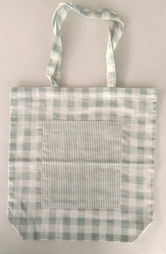 Reversible Sage Checks & stripe Tote Bag with Extra Front Pocket, Easy to Carry, Cotton Fabric.