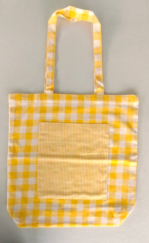 Reversible Yellow Checks & stripe Tote Bag with Extra Front Pocket, Easy to Carry, Cotton Fabric.