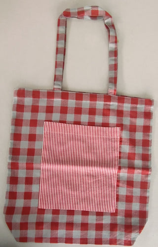 Reversible Red Checks & stripe Tote Bag with Extra Front Pocket, Easy to Carry, Cotton Fabric.